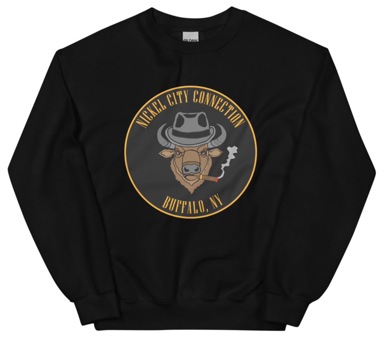 Black sweatshirt with a Logo featuring a stylized bison head wearing a fedora, smoking a cigar with visible smoke. The circular design includes bold gold text reading 'Nickel City Connection' at the top and 'Buffalo, NY' at the bottom, outlined in gold against a black background.