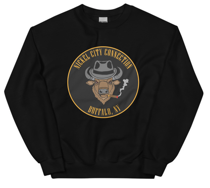 Black sweatshirt with a Logo featuring a stylized bison head wearing a fedora, smoking a cigar with visible smoke. The circular design includes bold gold text reading 'Nickel City Connection' at the top and 'Buffalo, NY' at the bottom, outlined in gold against a black background.