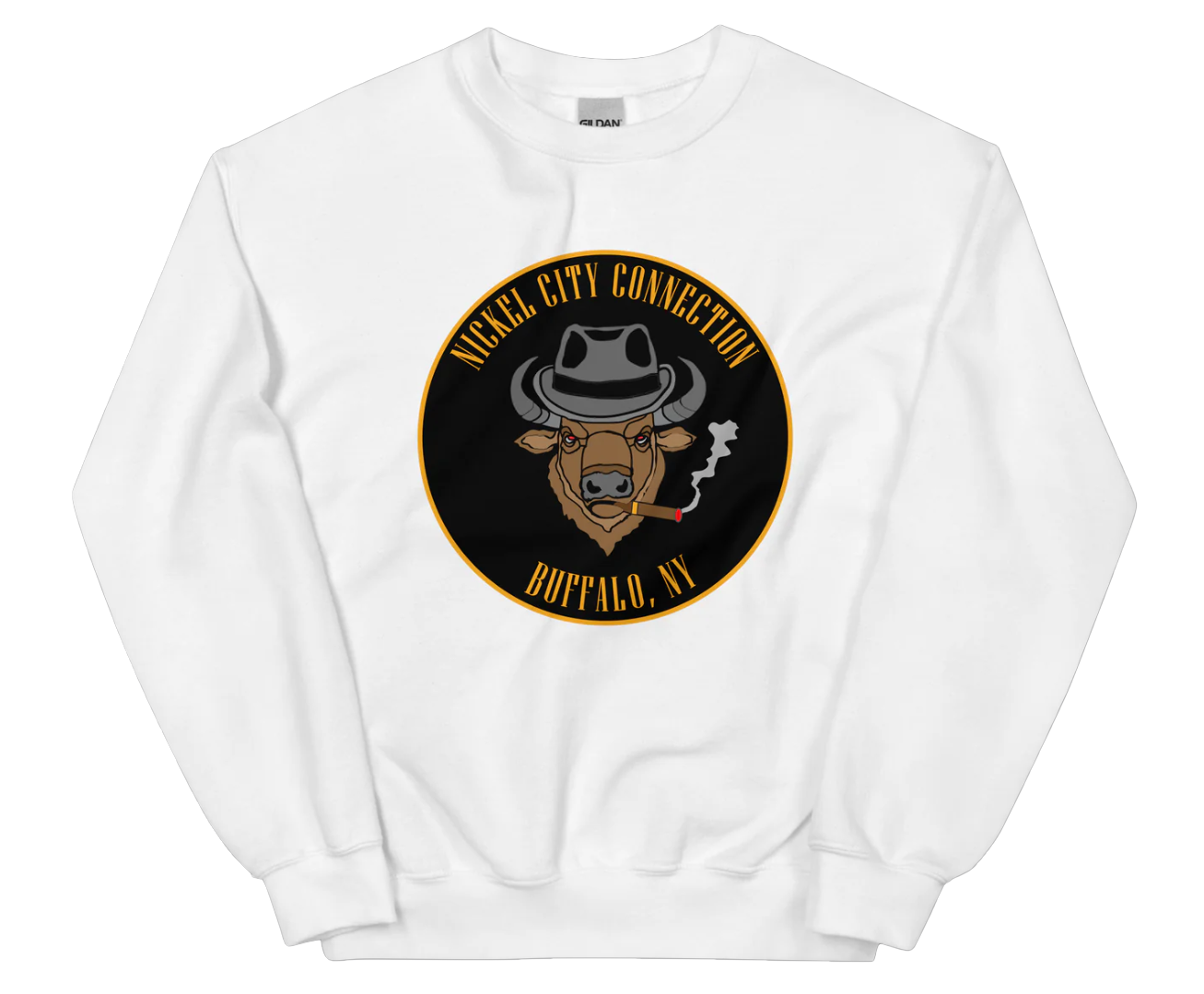 White sweatshirt with a Logo featuring a stylized bison head wearing a fedora, smoking a cigar with visible smoke. The circular design includes bold gold text reading 'Nickel City Connection' at the top and 'Buffalo, NY' at the bottom, outlined in gold against a black background.