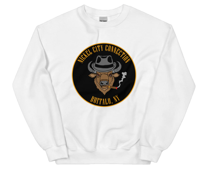 White sweatshirt with a Logo featuring a stylized bison head wearing a fedora, smoking a cigar with visible smoke. The circular design includes bold gold text reading 'Nickel City Connection' at the top and 'Buffalo, NY' at the bottom, outlined in gold against a black background.