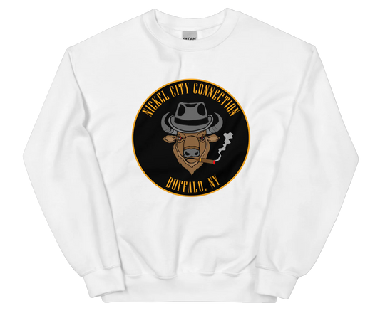 White sweatshirt with a Logo featuring a stylized bison head wearing a fedora, smoking a cigar with visible smoke. The circular design includes bold gold text reading 'Nickel City Connection' at the top and 'Buffalo, NY' at the bottom, outlined in gold against a black background.