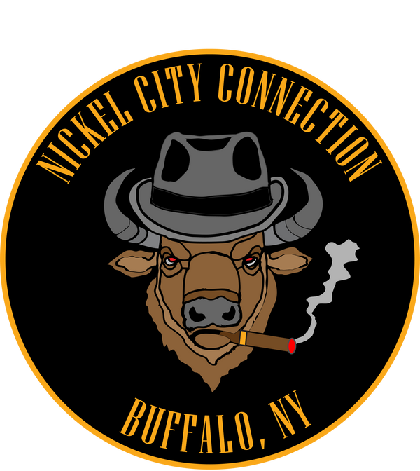 Bison wearing a fedora and smoking a cigar. Words "Nickel City Connection" above Bison in gold.