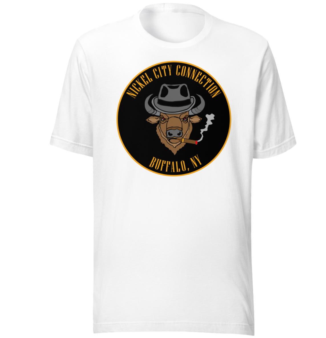 White t-shirt with a Logo featuring a stylized bison head wearing a fedora, smoking a cigar with visible smoke. The circular design includes bold gold text reading 'Nickel City Connection' at the top and 'Buffalo, NY' at the bottom, outlined in gold against a black background.