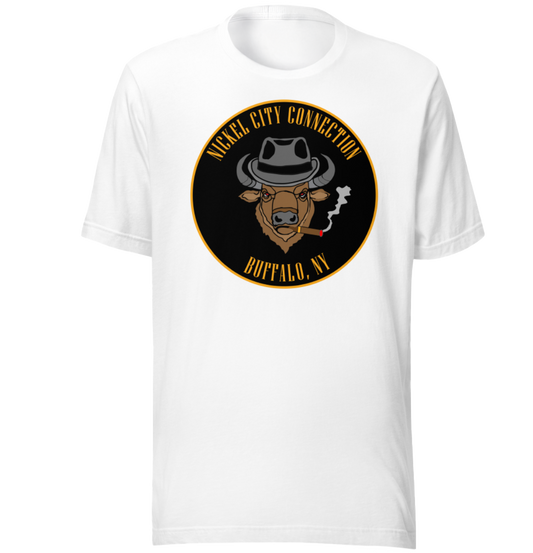 White t-shirt with a Logo featuring a stylized bison head wearing a fedora, smoking a cigar with visible smoke. The circular design includes bold gold text reading 'Nickel City Connection' at the top and 'Buffalo, NY' at the bottom, outlined in gold against a black background.