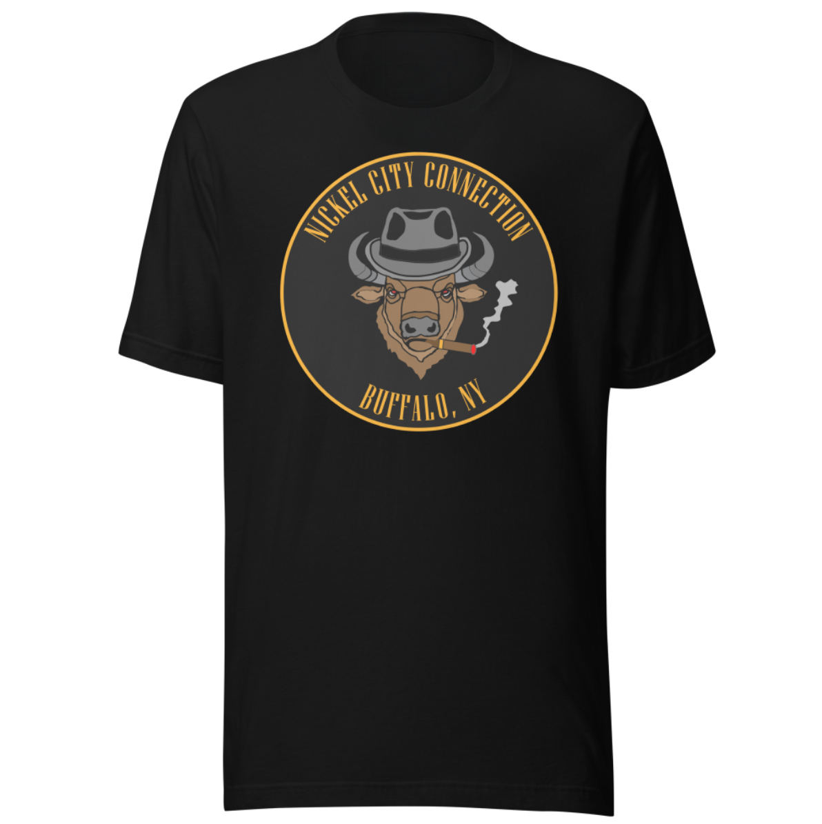 Black t-shirt with a Logo featuring a stylized bison head wearing a fedora, smoking a cigar with visible smoke. The circular design includes bold gold text reading 'Nickel City Connection' at the top and 'Buffalo, NY' at the bottom, outlined in gold against a black background.