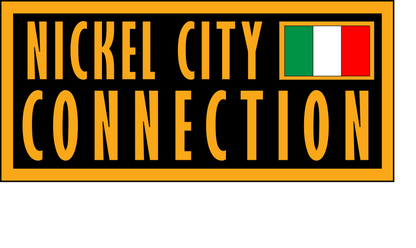 Design featuring the text "NICKEL CITY CONNECTION" in bold, yellow capital letters on a black background. The text is enclosed in a yellow rectangular border. green, white, and red vertical stripes, also bordered in yellow (Italian Flag).