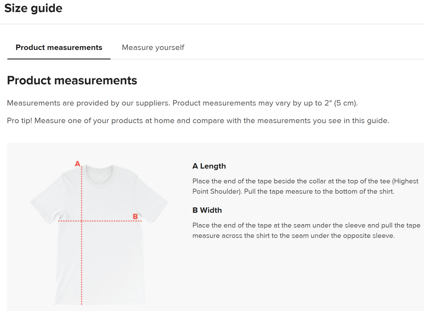 Size guide for t-shirt showing length and width.