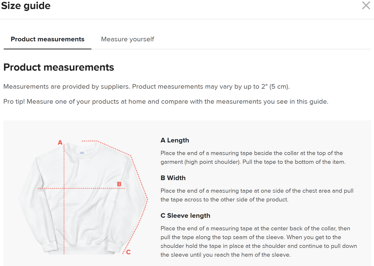 Sizing guide for sweatshirt showing length, width & sleeve length.