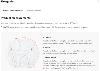 Sizing guide for sweatshirt showing length, width & sleeve length.