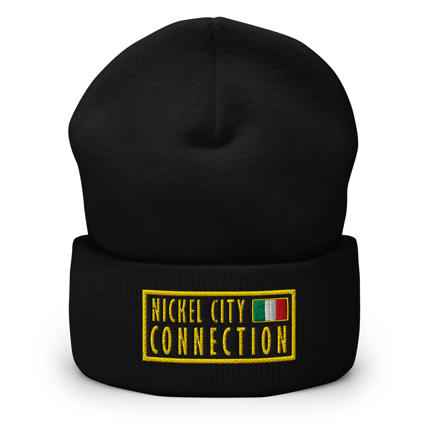 Black beanie featuring An embroidered patch design featuring the text "NICKEL CITY CONNECTION" in bold, yellow capital letters on a black background. The text is enclosed in a yellow rectangular border. To the right of the text, there is a small embroidered Italian flag with green, white, and red vertical stripes, also bordered in yellow. 