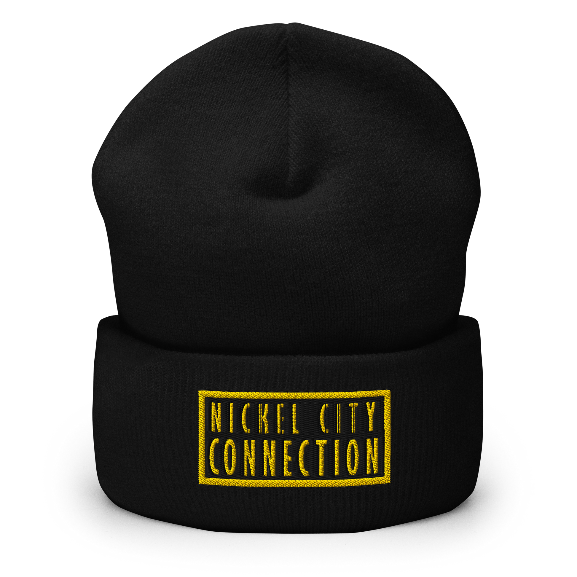 Black beanie featuring  a bold "Nickel City Connection" logo in gold and black, featuring a strong, clean design within a rectangular border.