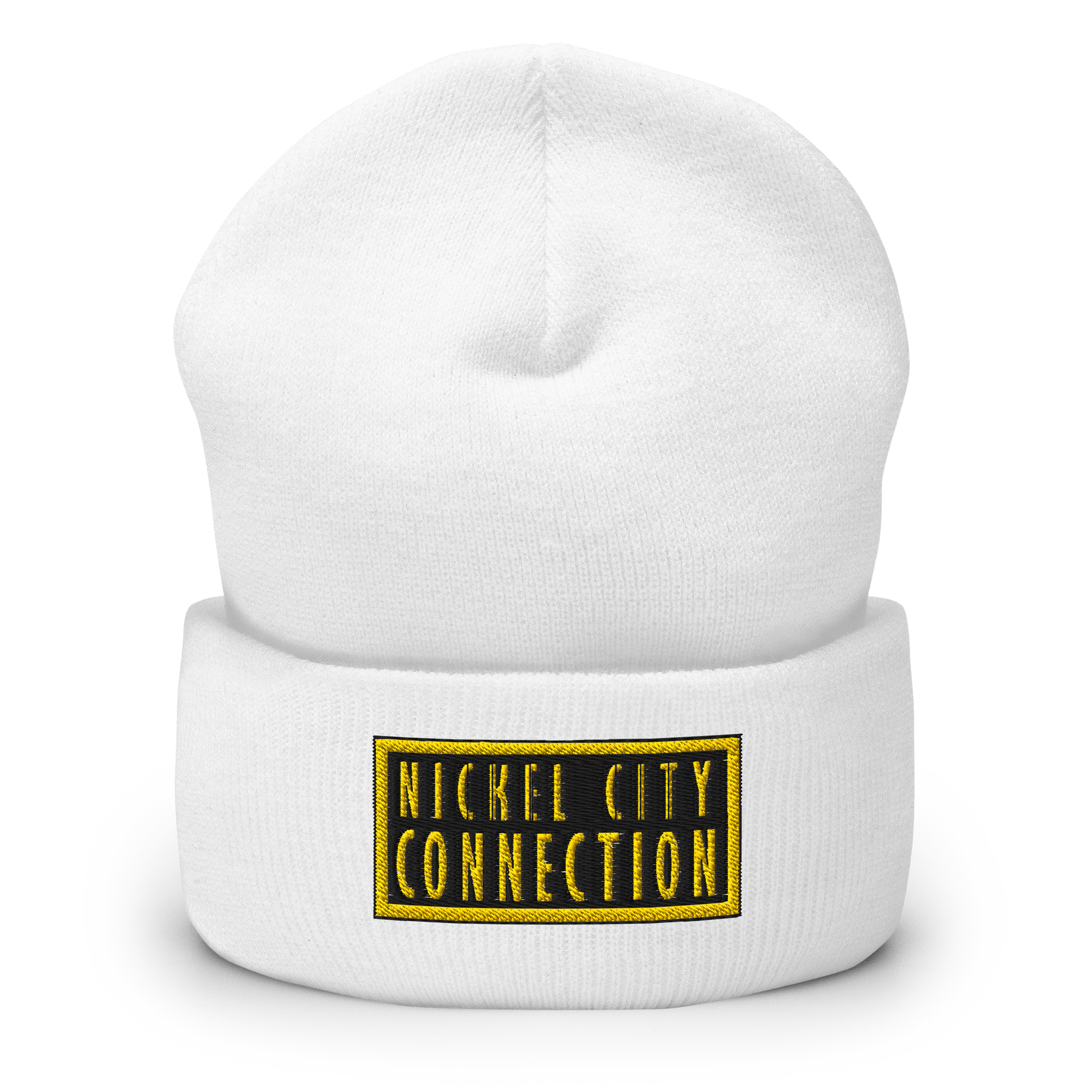 White beanie featuring  a bold "Nickel City Connection" logo in gold and black, featuring a strong, clean design within a rectangular border.