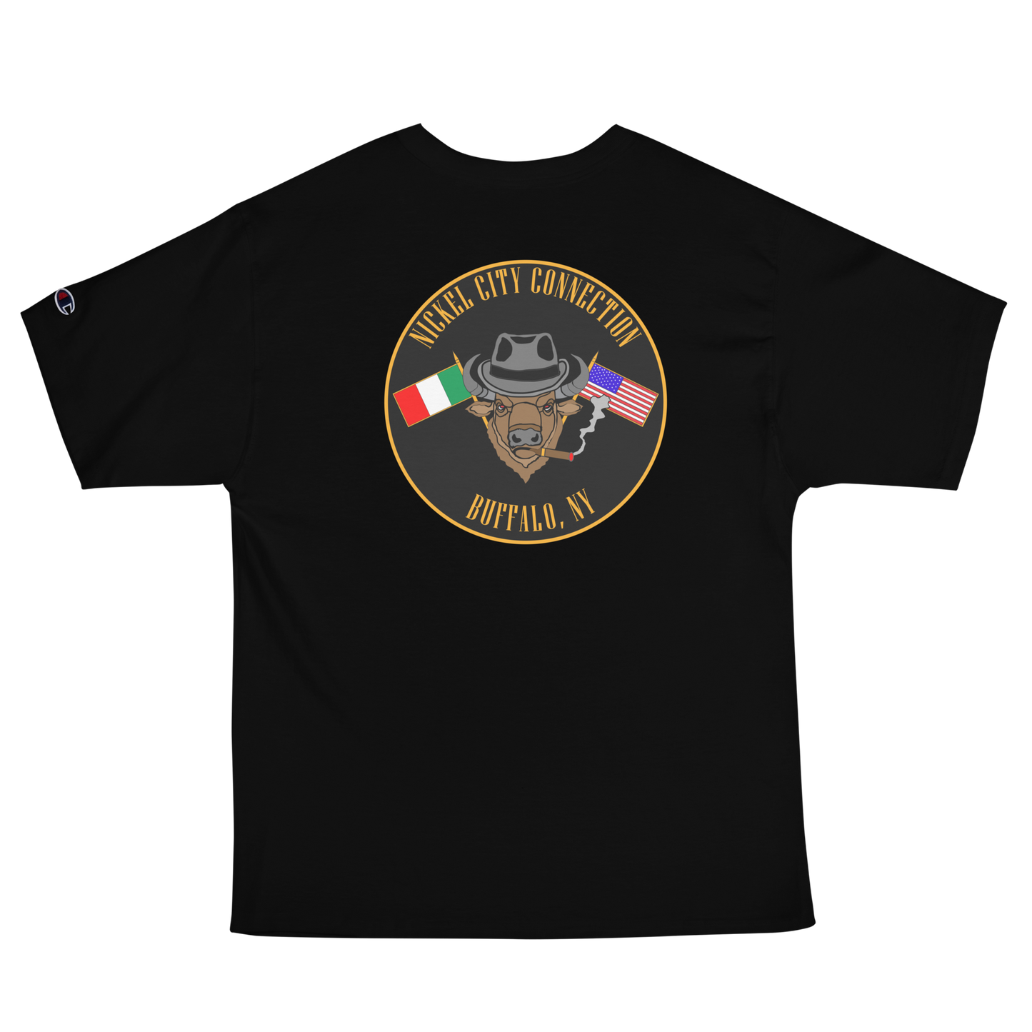 Black T-Shirt  with  Bison smoking a cigar and the Italian and U.S. Flags crossed.