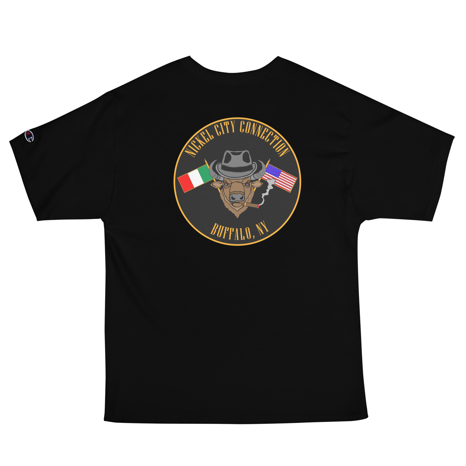 Black T-Shirt  with  Bison smoking a cigar and the Italian and U.S. Flags crossed.