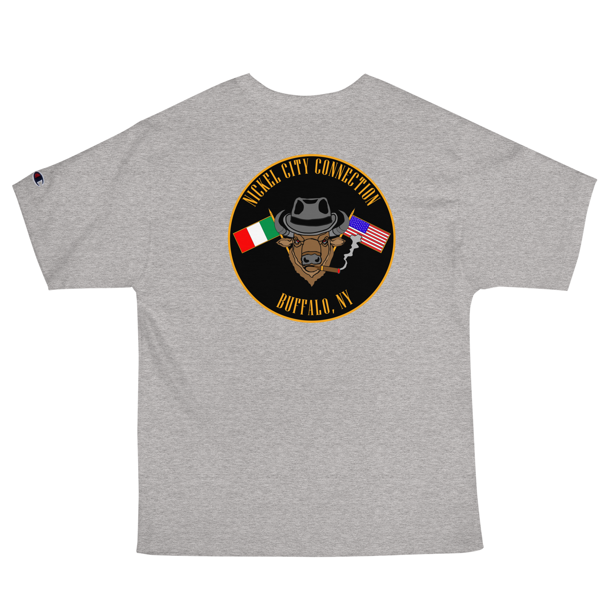 Grey T-Shirt  with  Bison smoking a cigar and the Italian and U.S. Flags crossed.