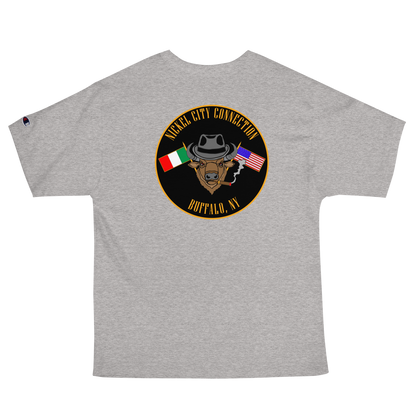 Grey T-Shirt  with  Bison smoking a cigar and the Italian and U.S. Flags crossed.