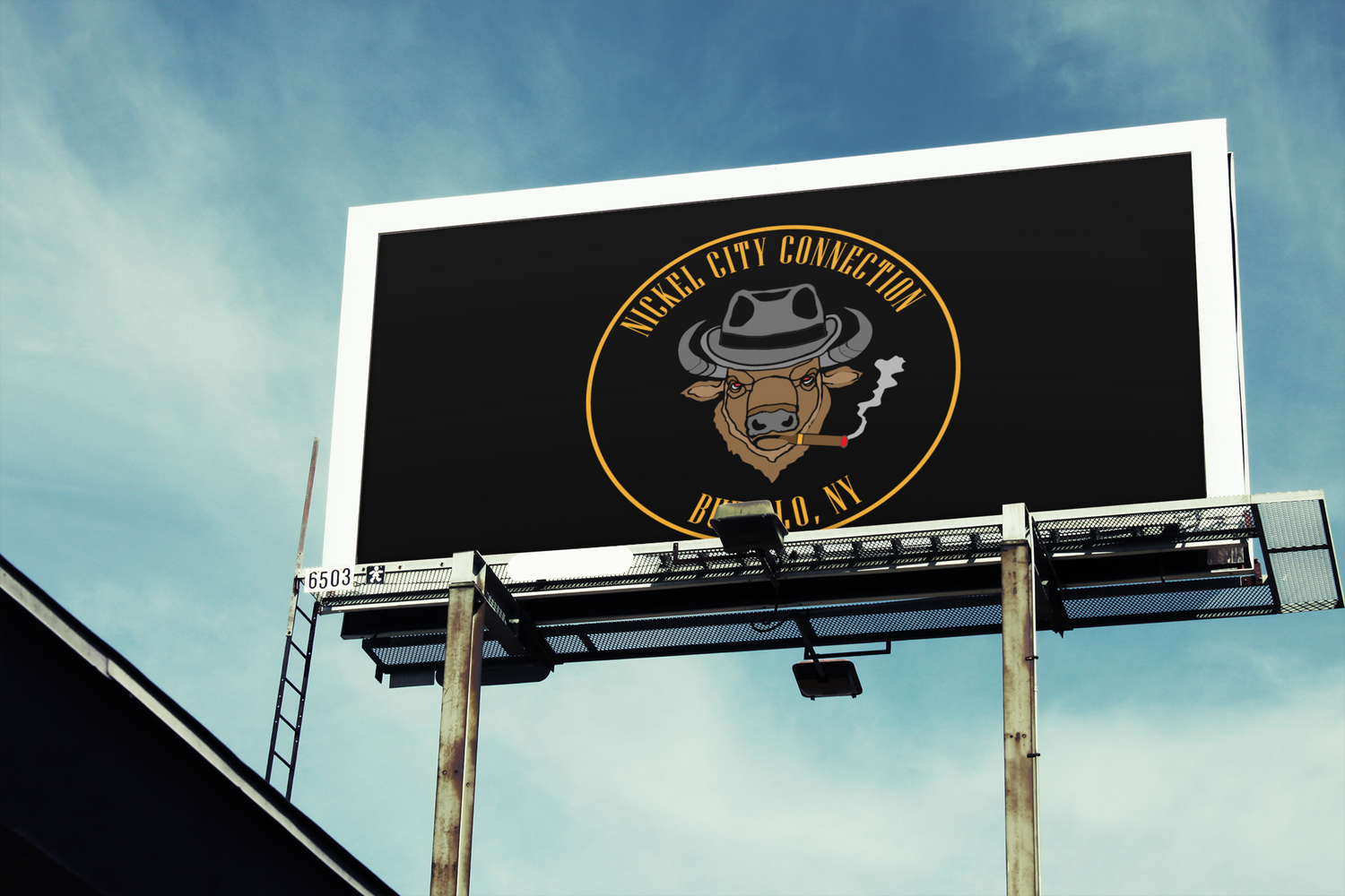 Billboard on a highway featuring the "Nickel City Connection" logo—a bison wearing a fedora, smoking a cigar, with "Buffalo, NY" text below