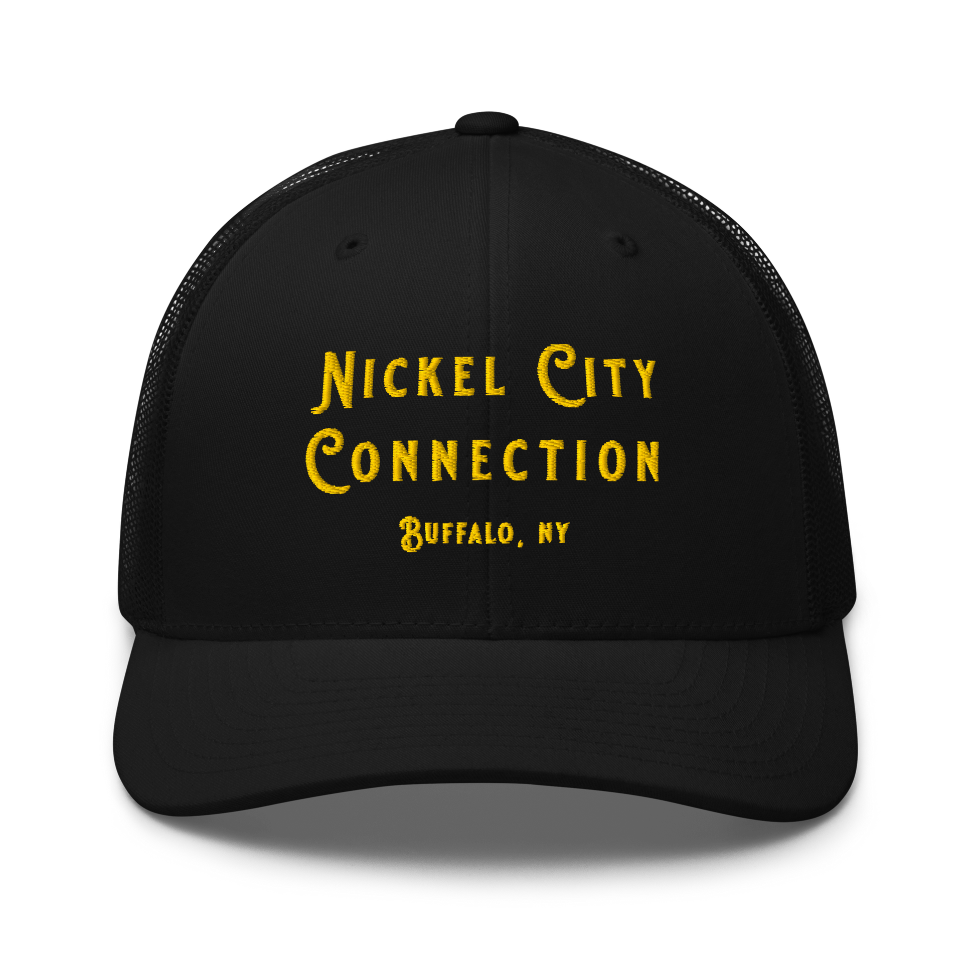 Front of black  Nickel City Connection Hat with gold lettering.