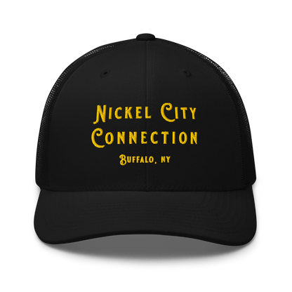 Front of black  Nickel City Connection Hat with gold lettering.