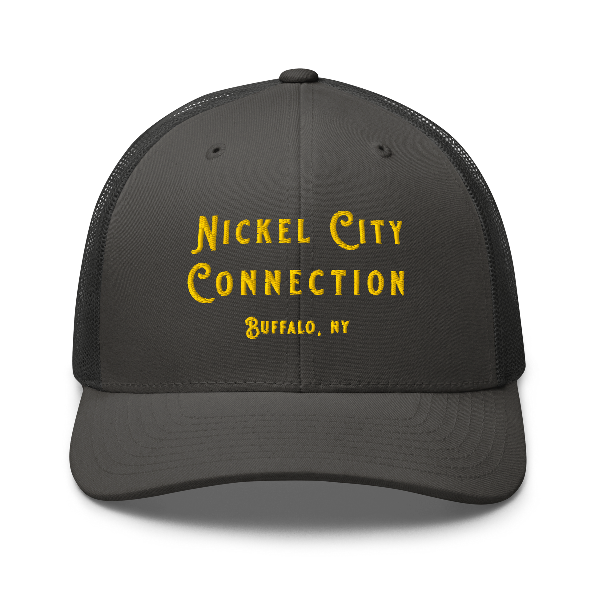 Front of grey Nickel City Connection Hat with gold lettering.