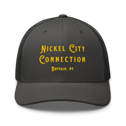 Front of grey Nickel City Connection Hat with gold lettering.