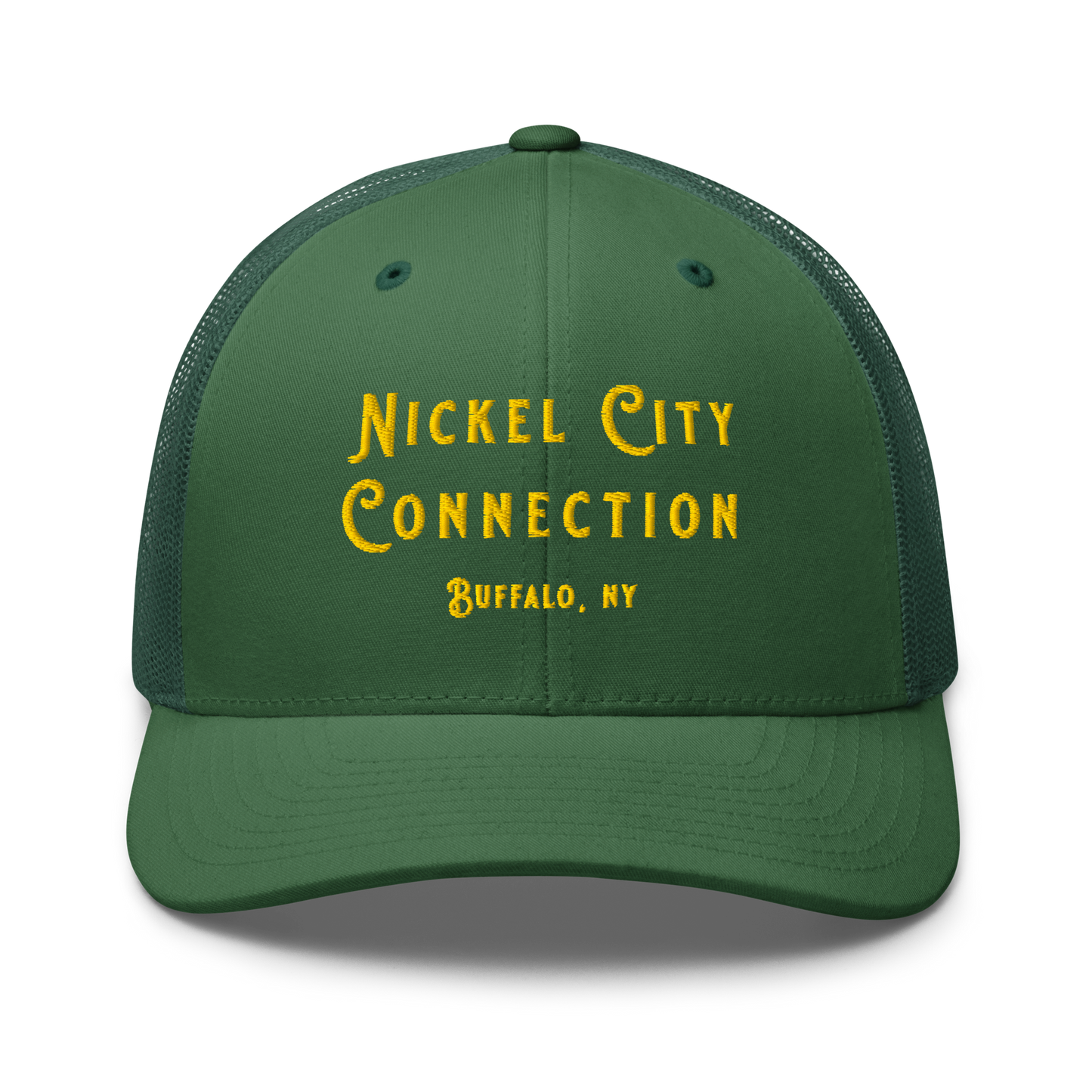 Front of  green Nickel City Connection Hat with gold lettering.