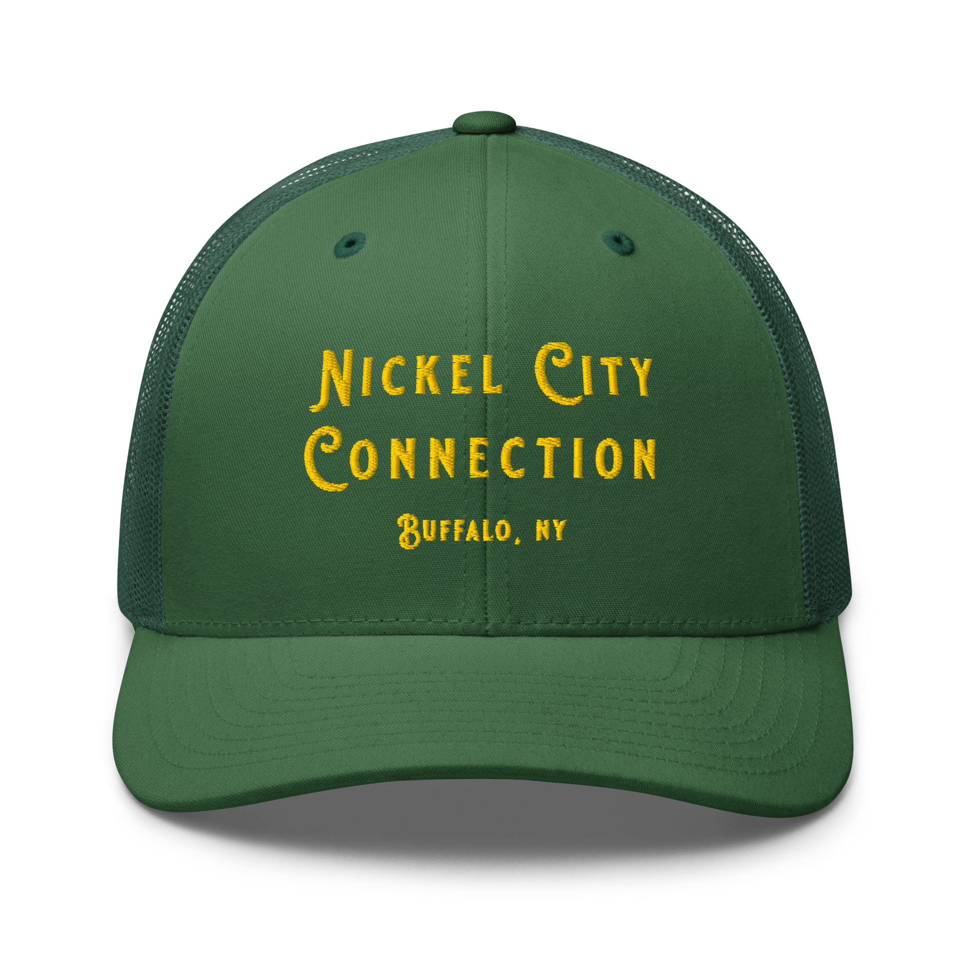 Front of  green Nickel City Connection Hat with gold lettering.