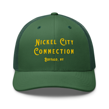 Front of  green Nickel City Connection Hat with gold lettering.