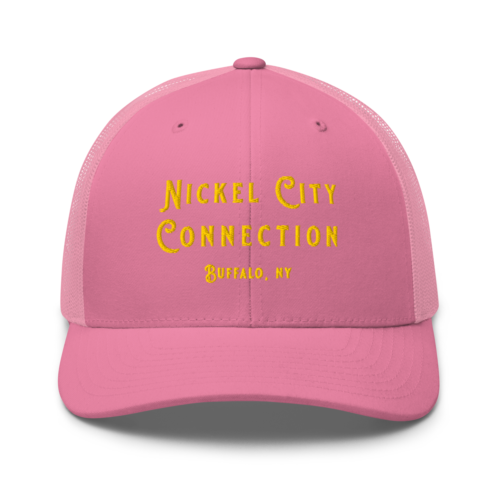 Front of pink Nickel City Connection Hat with gold lettering.