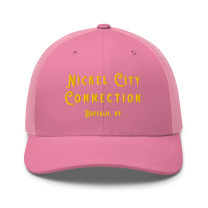 Front of pink Nickel City Connection Hat with gold lettering.