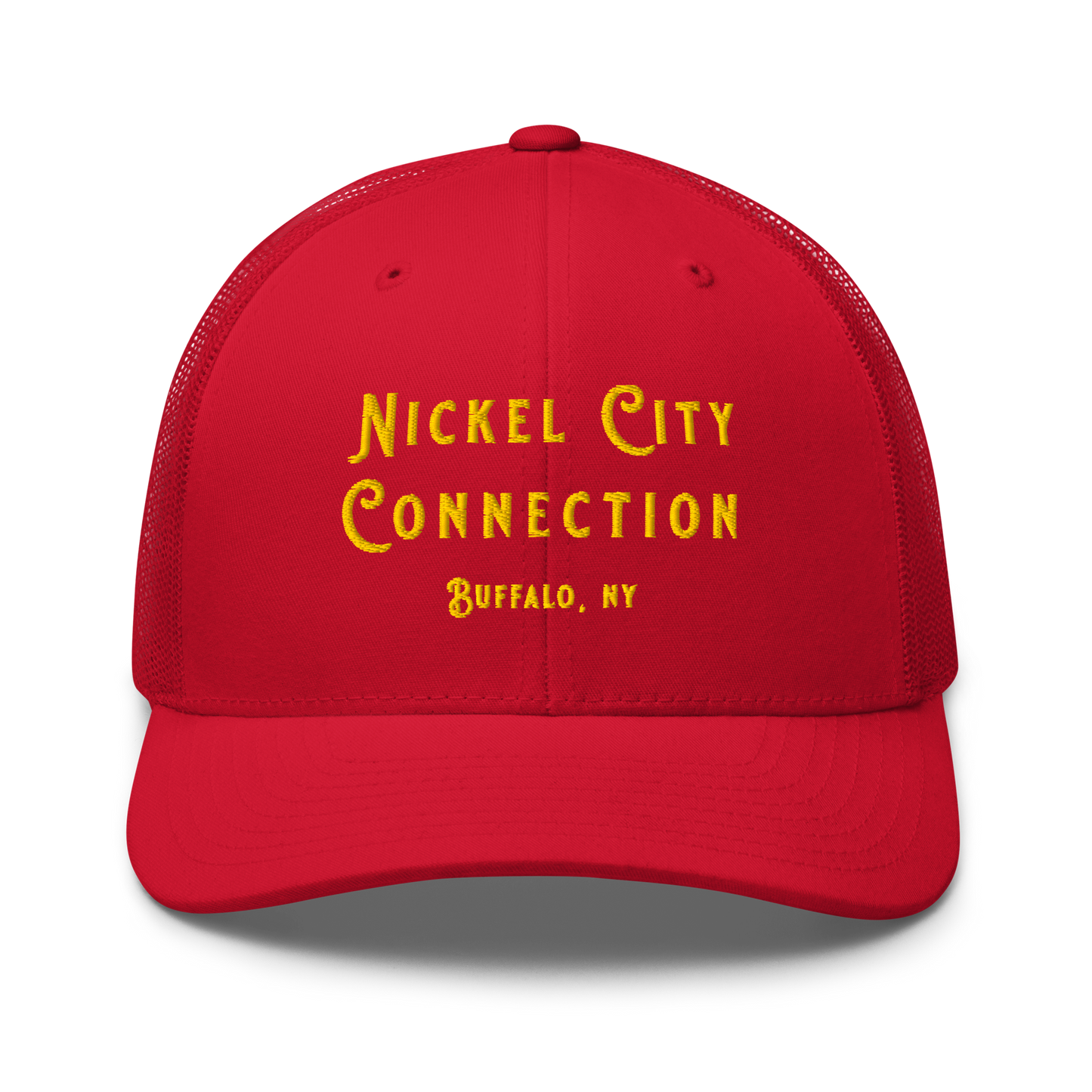 Front of red Nickel City Connection Hat with gold lettering.