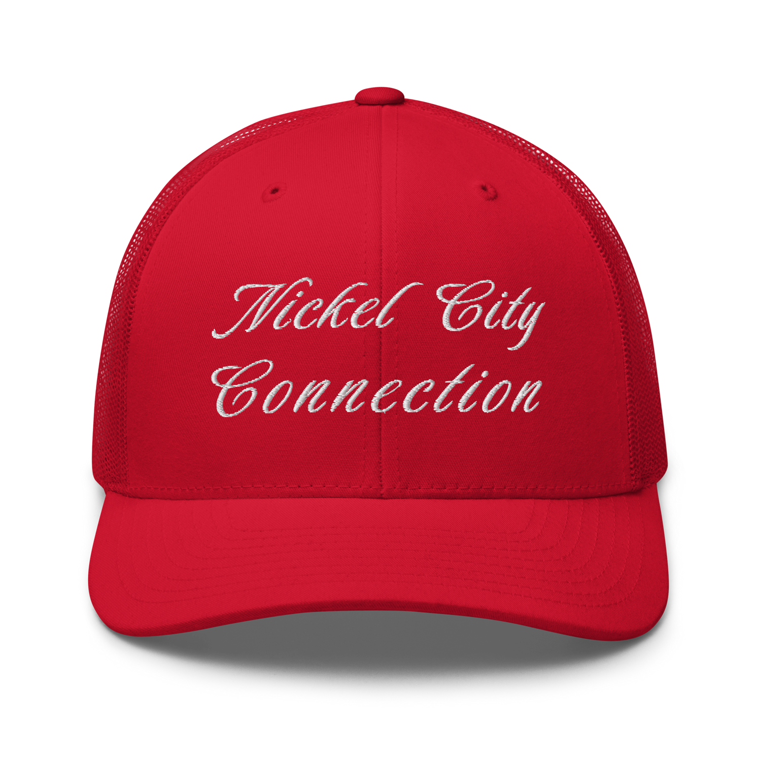 Red Nickel City Connection hat with white lettering