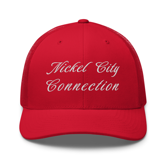Red Nickel City Connection hat with white lettering