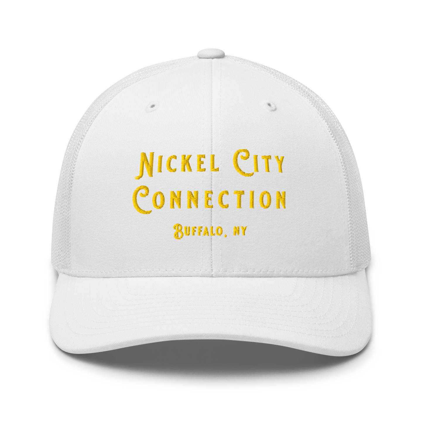 Front of white Nickel City Connection Hat with gold lettering.