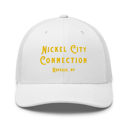 Front of white Nickel City Connection Hat with gold lettering.