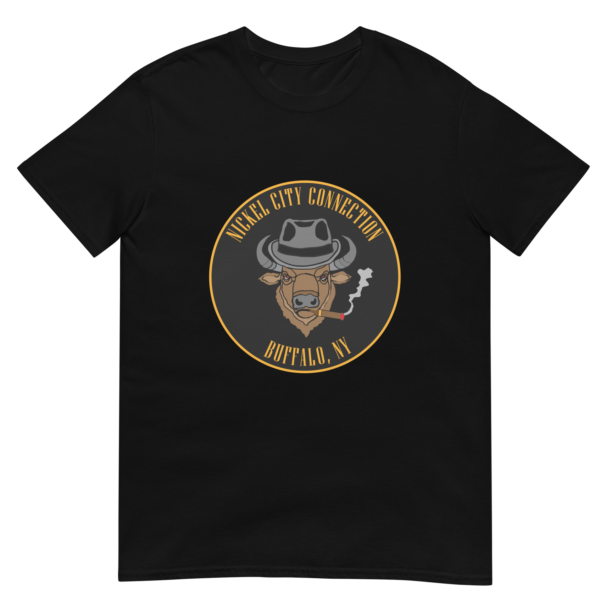 Black t-shirt with a Logo featuring a stylized bison head wearing a fedora, smoking a cigar with visible smoke. The circular design includes bold gold text reading 'Nickel City Connection' at the top and 'Buffalo, NY' at the bottom, outlined in gold against a black background.