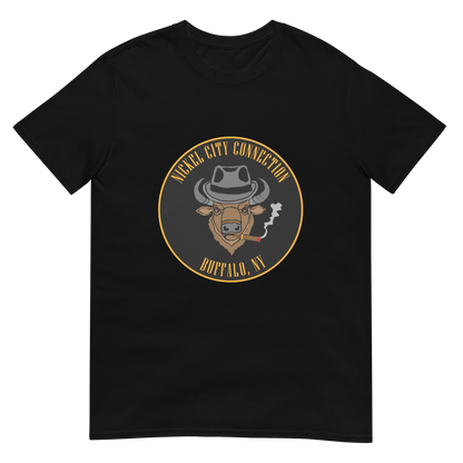 Black t-shirt with a Logo featuring a stylized bison head wearing a fedora, smoking a cigar with visible smoke. The circular design includes bold gold text reading 'Nickel City Connection' at the top and 'Buffalo, NY' at the bottom, outlined in gold against a black background.