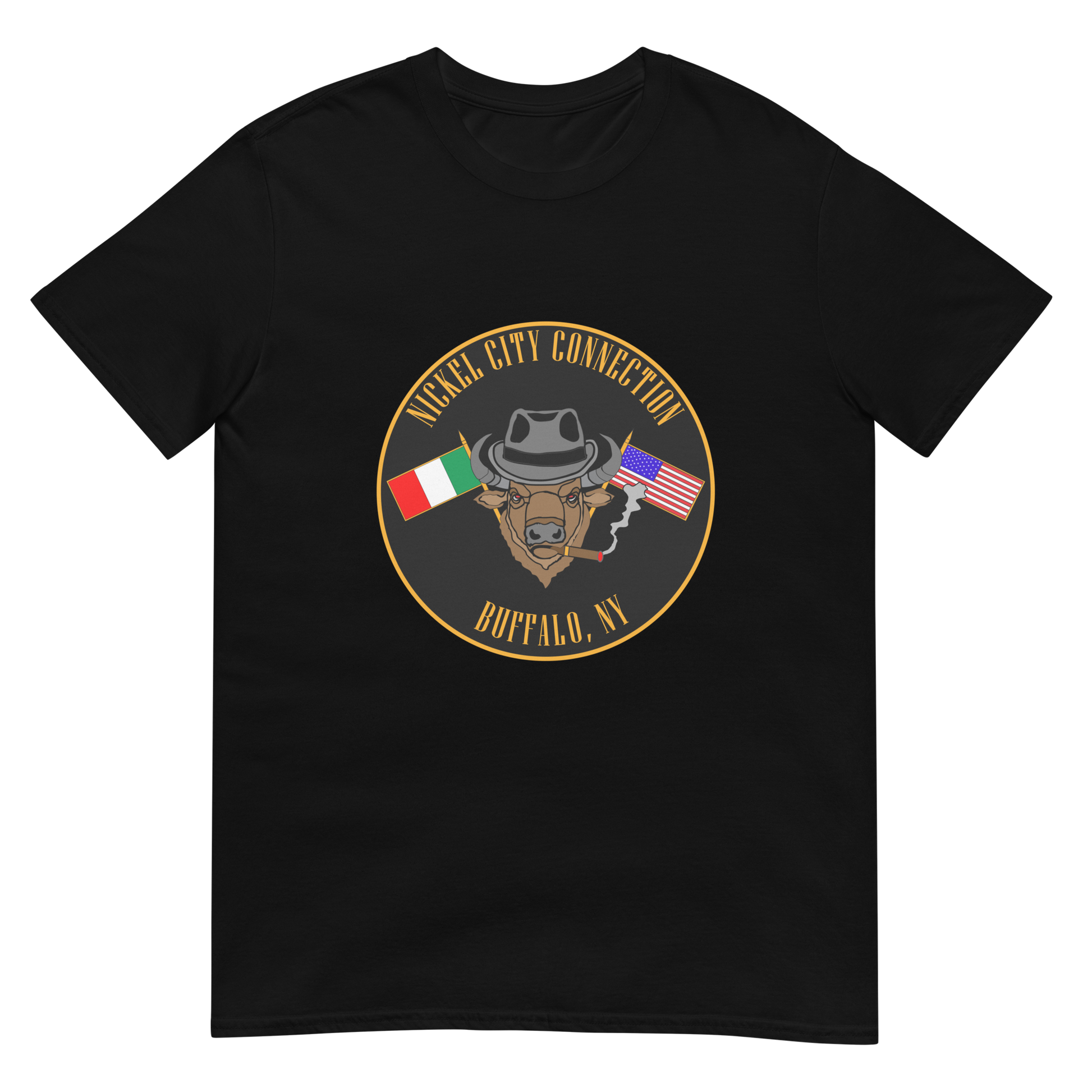 Black T-Shirt  with  Bison smoking a cigar and the Italian and U.S. Flags crossed.