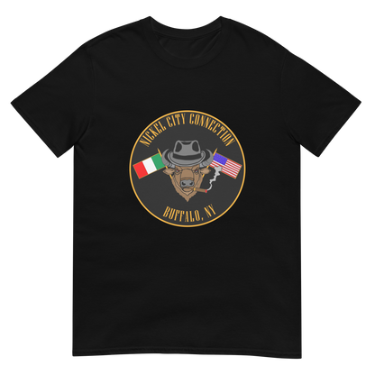 Black T-Shirt  with  Bison smoking a cigar and the Italian and U.S. Flags crossed.