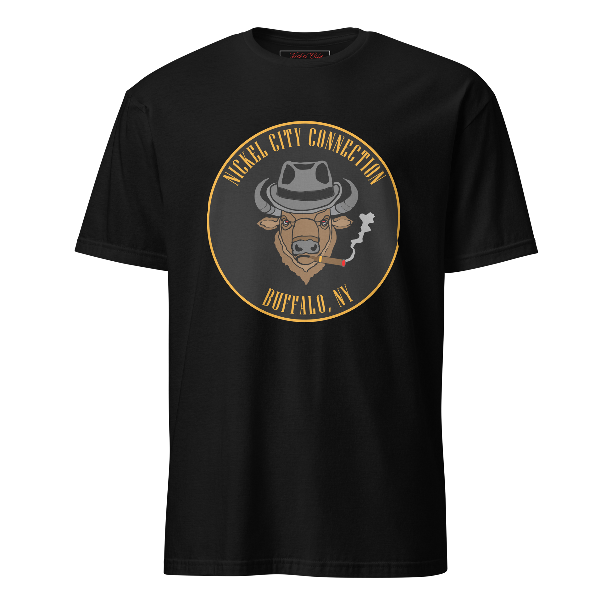 Black t-shirt with a Logo featuring a stylized bison head wearing a fedora, smoking a cigar with visible smoke. The circular design includes bold gold text reading 'Nickel City Connection' at the top and 'Buffalo, NY' at the bottom, outlined in gold against a black background.