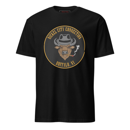 Black t-shirt with a Logo featuring a stylized bison head wearing a fedora, smoking a cigar with visible smoke. The circular design includes bold gold text reading 'Nickel City Connection' at the top and 'Buffalo, NY' at the bottom, outlined in gold against a black background.