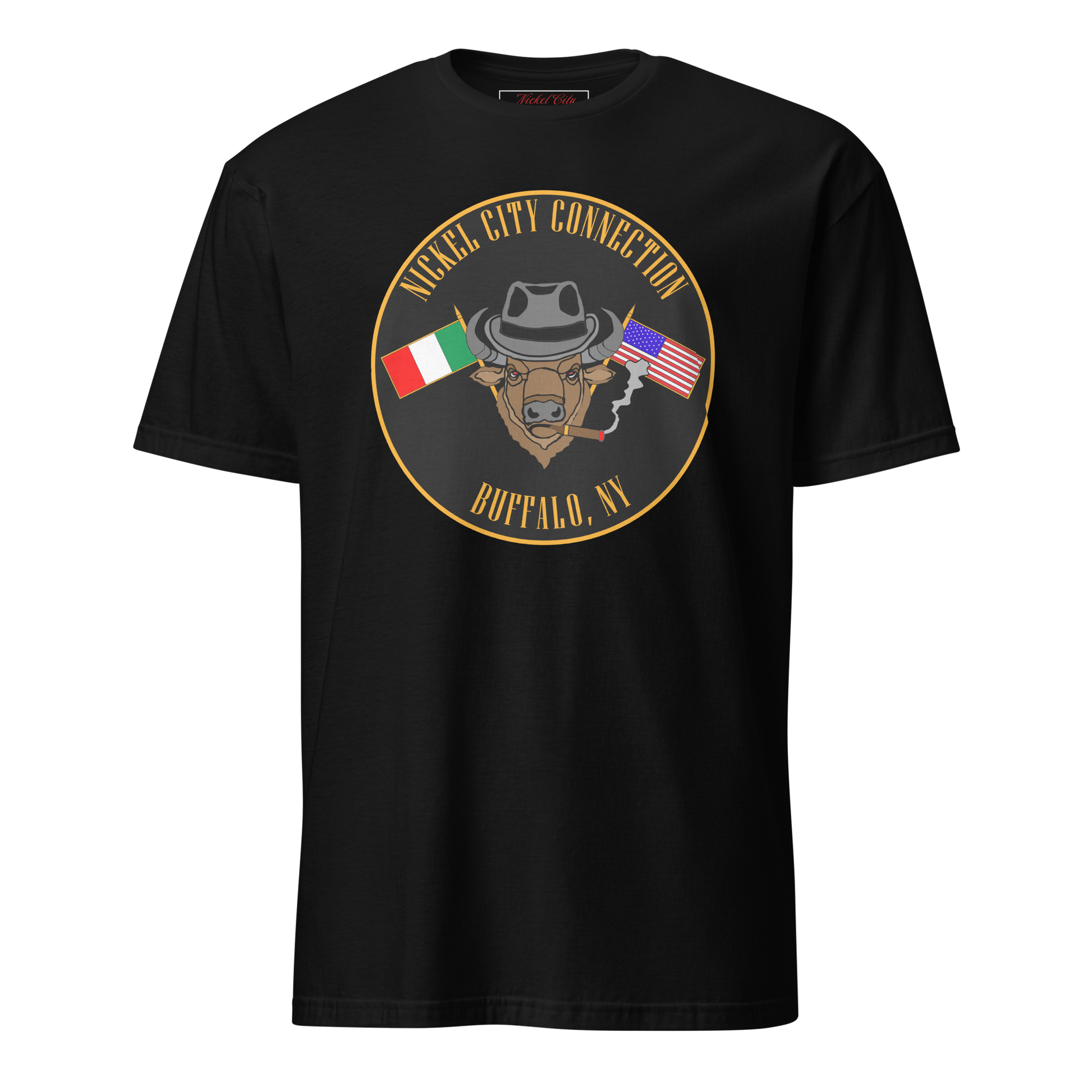 black T-Shirt  with  Bison smoking a cigar and the Italian and U.S. Flags crossed.