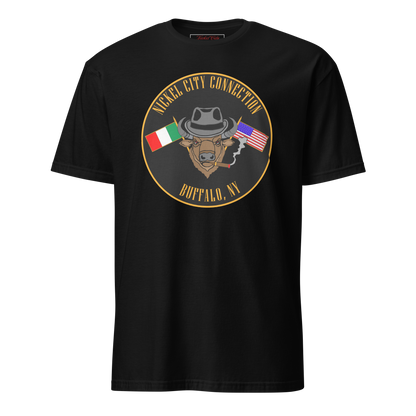 black T-Shirt  with  Bison smoking a cigar and the Italian and U.S. Flags crossed.