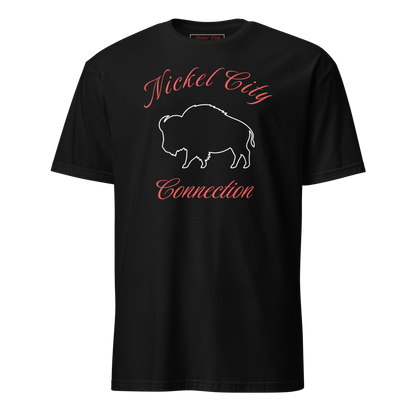 Nickel City Connection in red letters with a white buffalo. All of this is on a black t-shirt. 