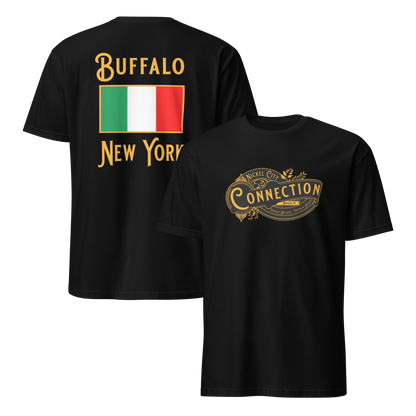 Black tshirt. Nickel city connection design on front and Italian flag on back.