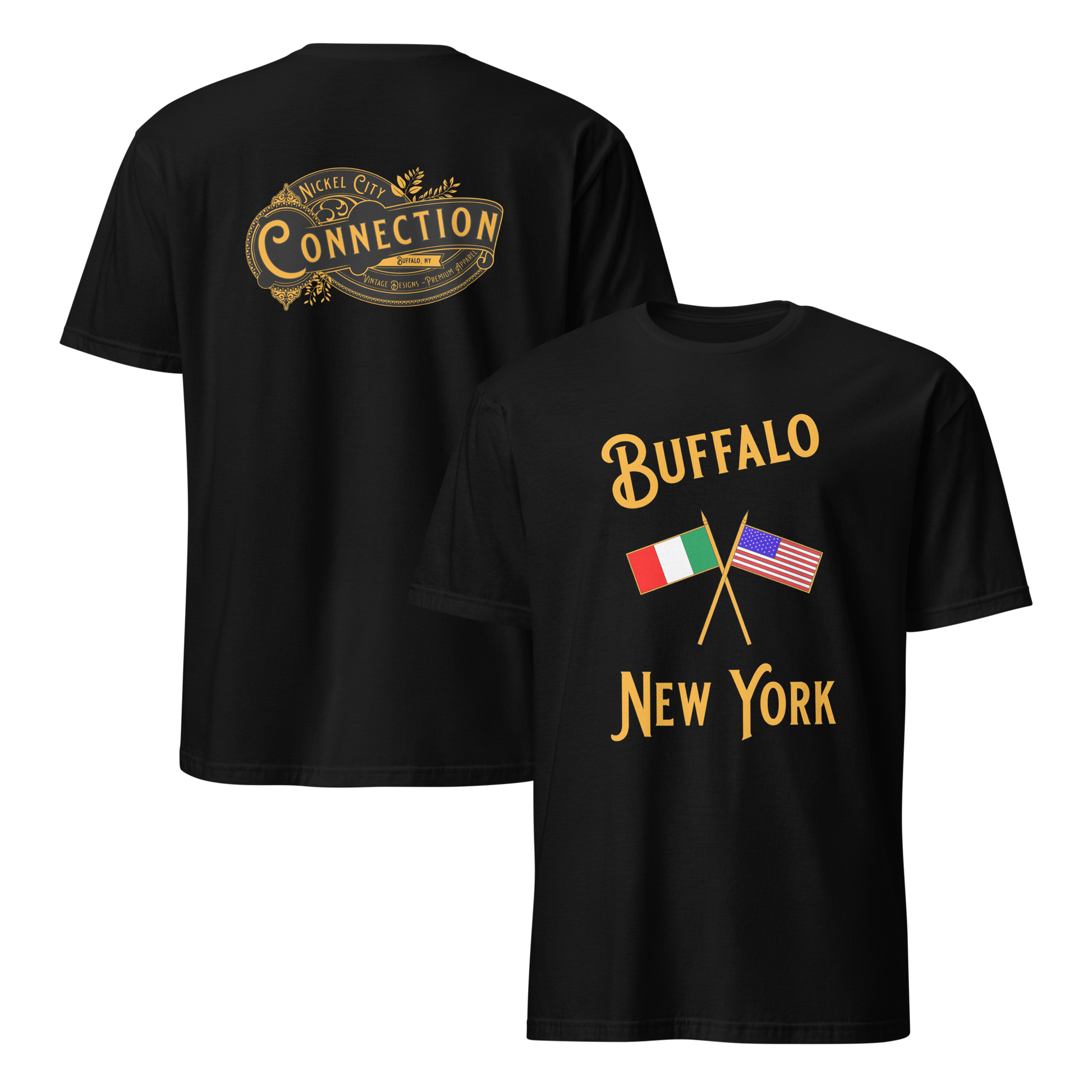 Black t-shirt. Nickel City Connection written on back and Italian and US flag on front with the words Buffalo New York.