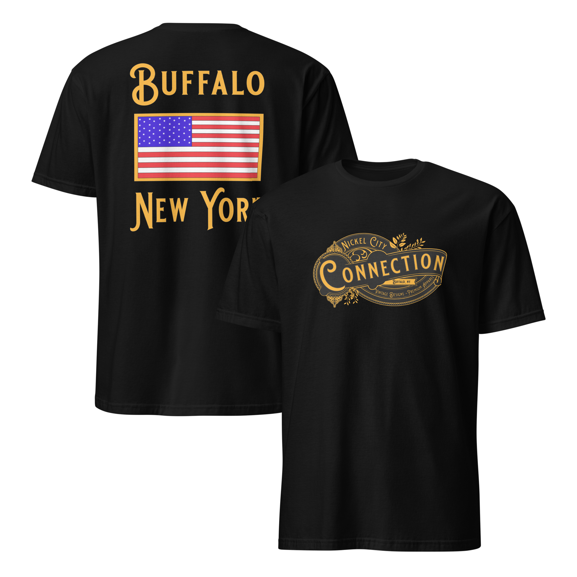 Black tshirt. Nickel city connection design on front and US flag on back.