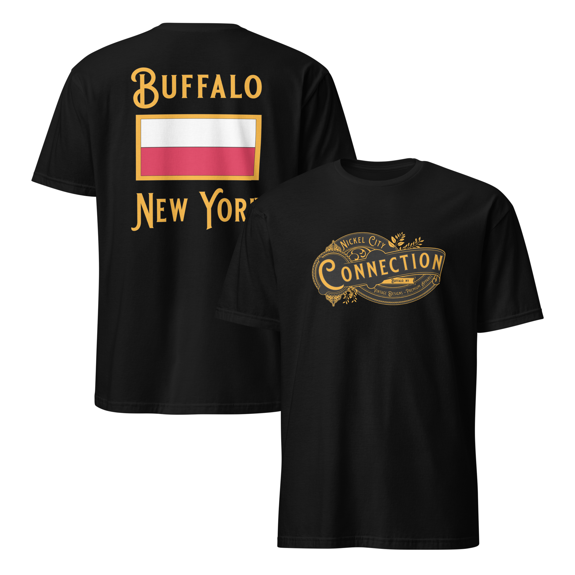 Black tshirt. Nickel city connection design on front and Poland flag on back.