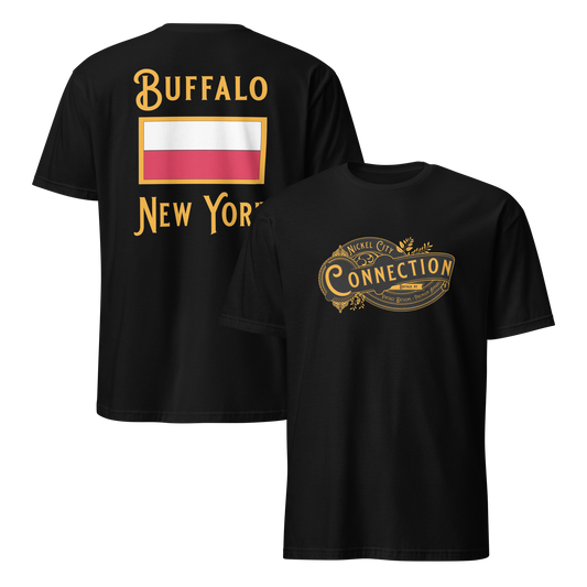 Black tshirt. Nickel city connection design on front and Poland flag on back.