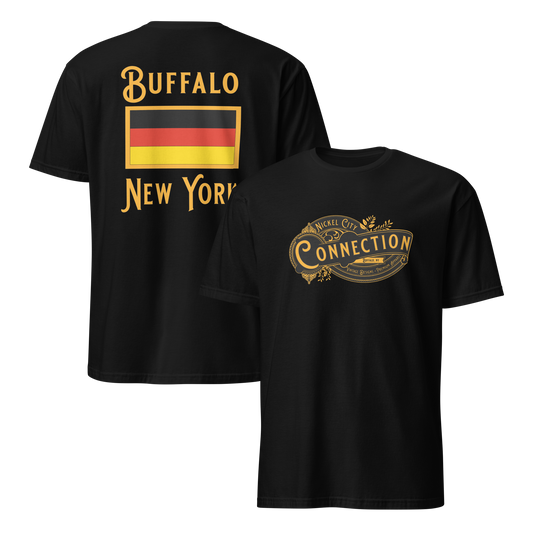 Black tshirt. Nickel city connection design on front and Germany flag on back.
